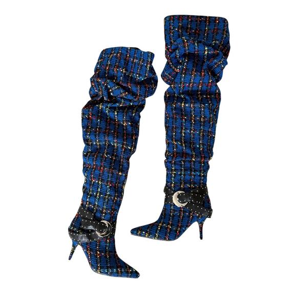 AZALEA WANG Taja Plaid Thigh High Boot With Buckle Detail In Blue 3'' Heel - Picture 1 of 13